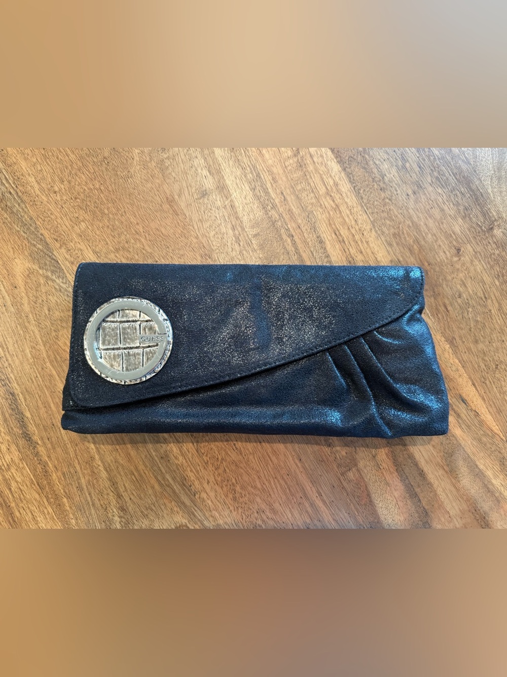 NWOT Guess Black Metallic Envelope Clutch with Silver Logo